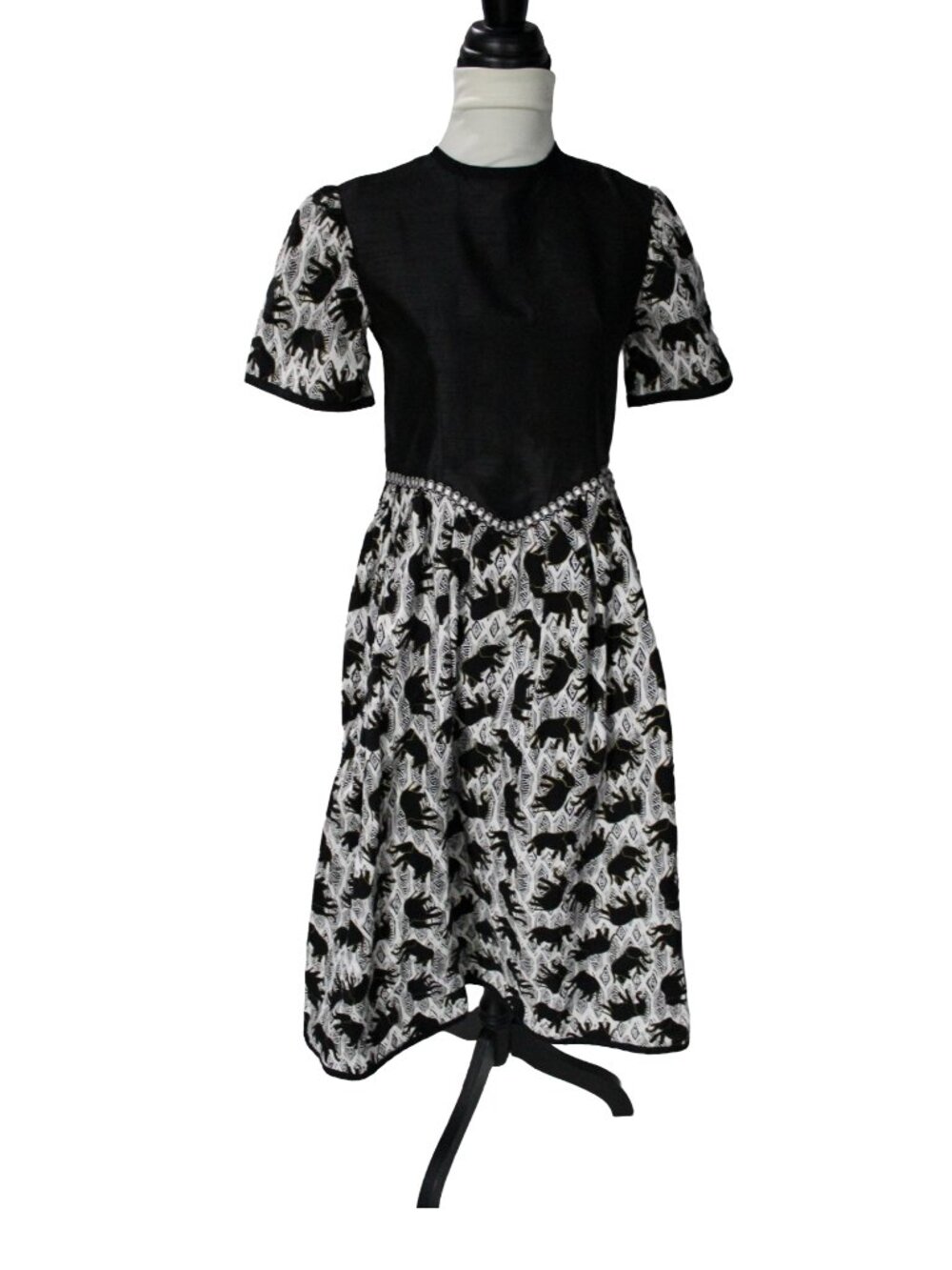 Vintage Handmade Black Gold Elephant Metallic Pinup Swing Dress S